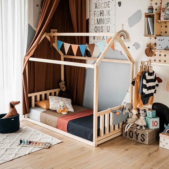 House Bed Frame Gabled Roof Minimalist Wooden Toddler Floor Bed