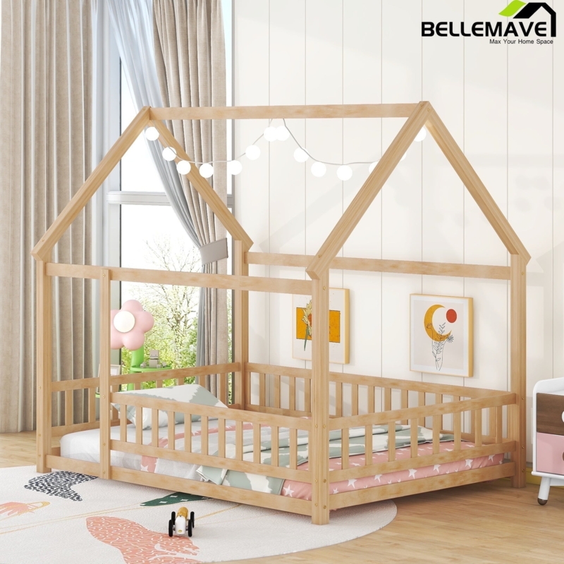 House Bed Frame Natural Wood Pitched Roof Montessori Floor Bed