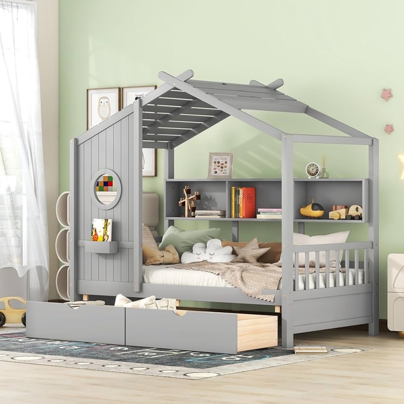 House Bed Grey Matte Finish Underbed Drawers Storage Shelf