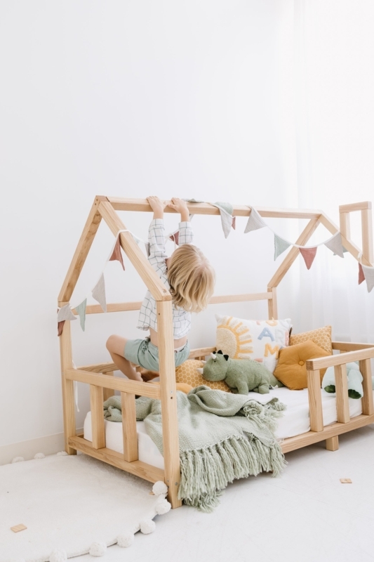 House Bed White and Natural Wood Scandinavian Toddler Floor Bed