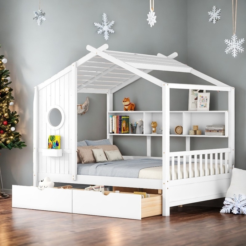 House Bed White Finish Integrated Storage Shelf Dual Drawers