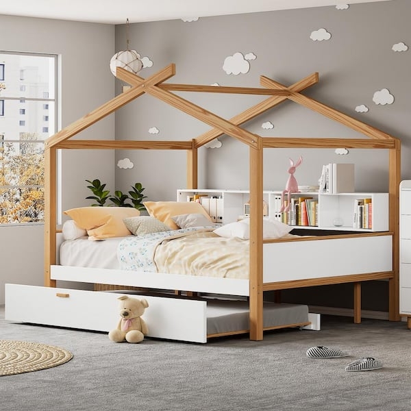 House Bed with Built-In Bookshelf - White House Bed with Trundle