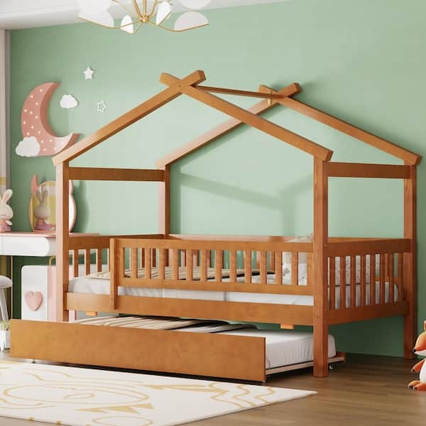 House Bed with High Guardrail - House Bed with Trundle Storage