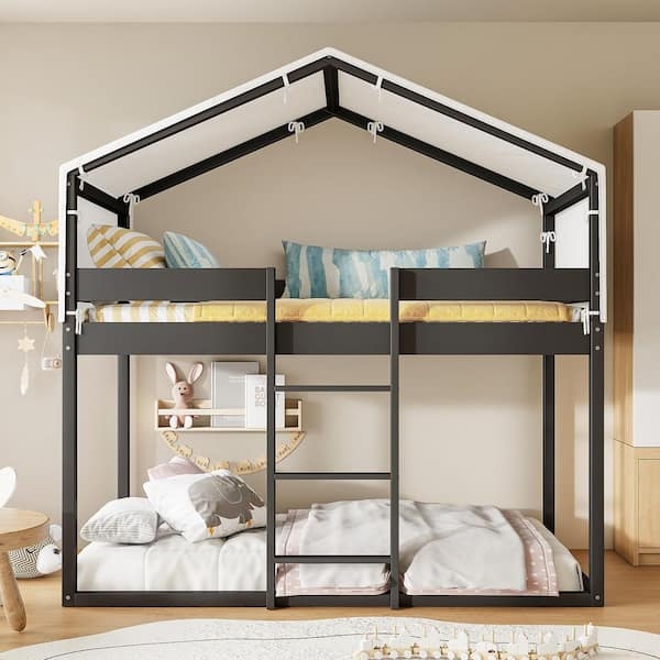 House Bunk Bed with Removable Tent and Dark Finish Frame