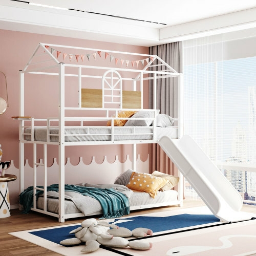 House Bunk Bed with Slide, White Metal Frame & Vertical Ladder