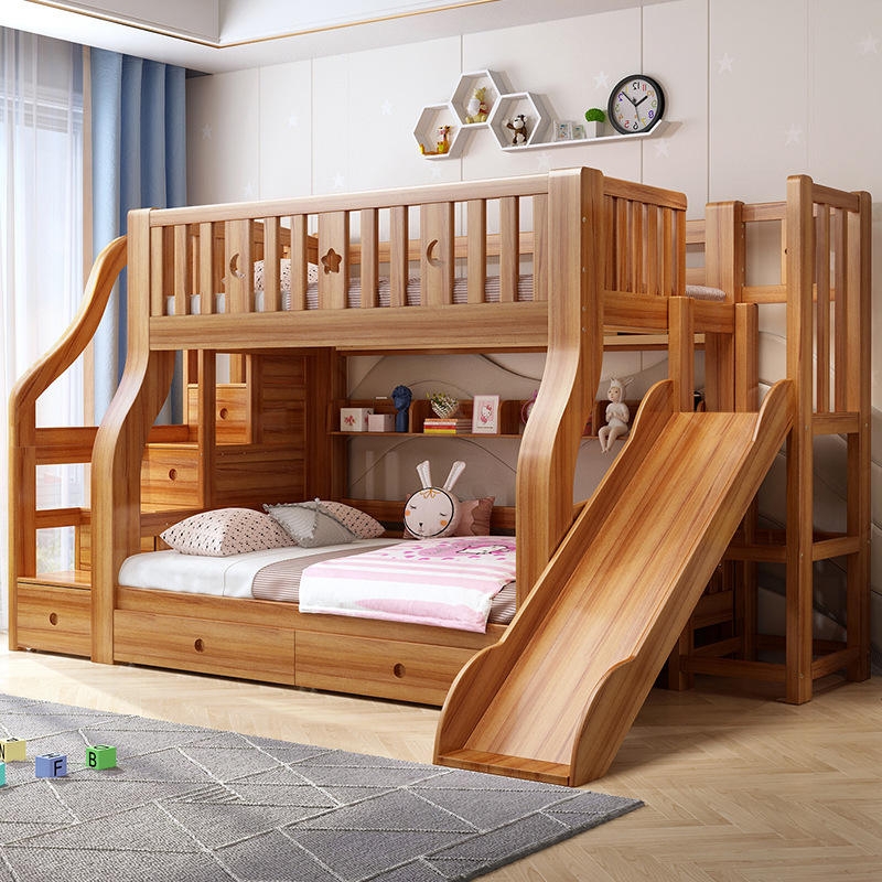 House Frame Bunk Bed with Slide and Integrated Ladder Storage