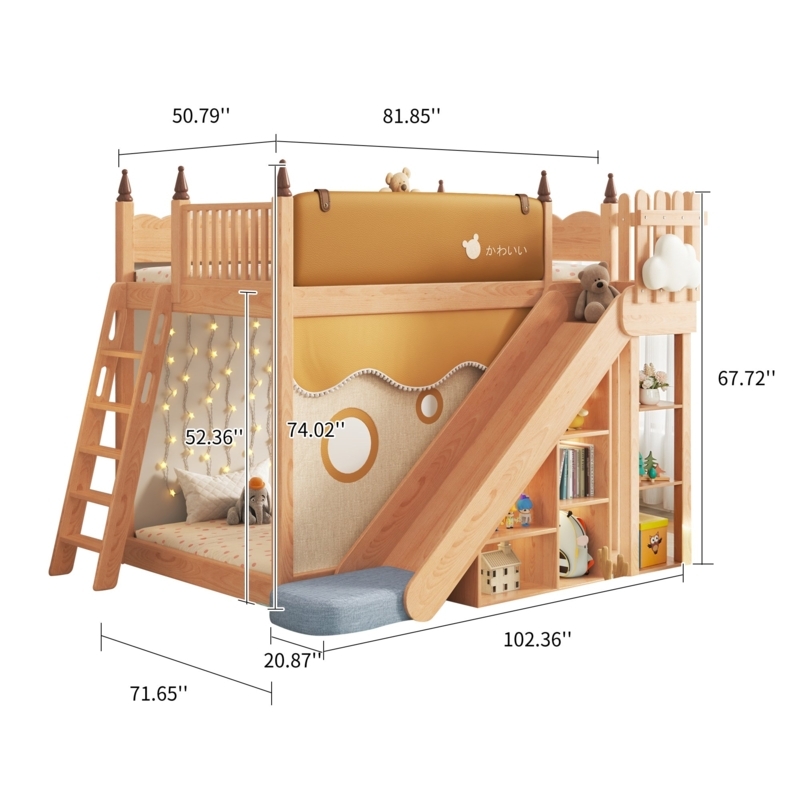 House Frame Bunk Bed with Slide, Staircase Storage & Natural Wood