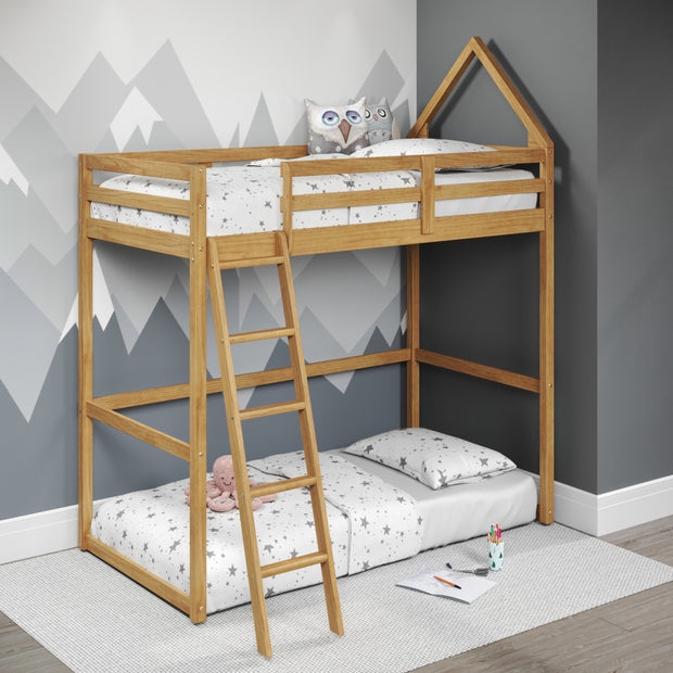 House Frame Loft Bed, Scandinavian Two-Tone Wood and White Finish