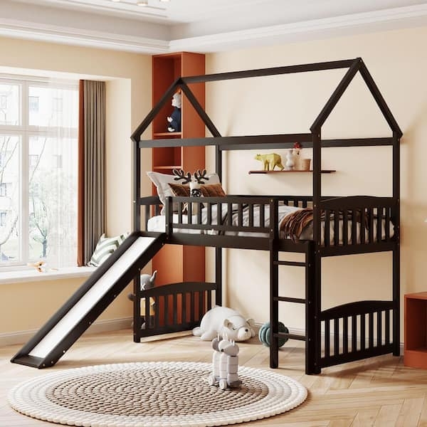 House Loft Bed Espresso Finish with Roof and Integrated Slide Playful