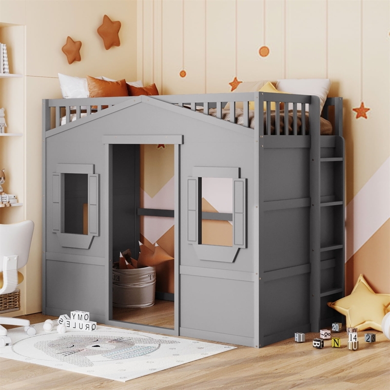 House Loft Bed Gray Finish Pitched Roof Frame Whimsical Design