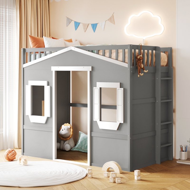 House Loft Bed Grey Wood Frame with Angled Ladder Scandinavian Style