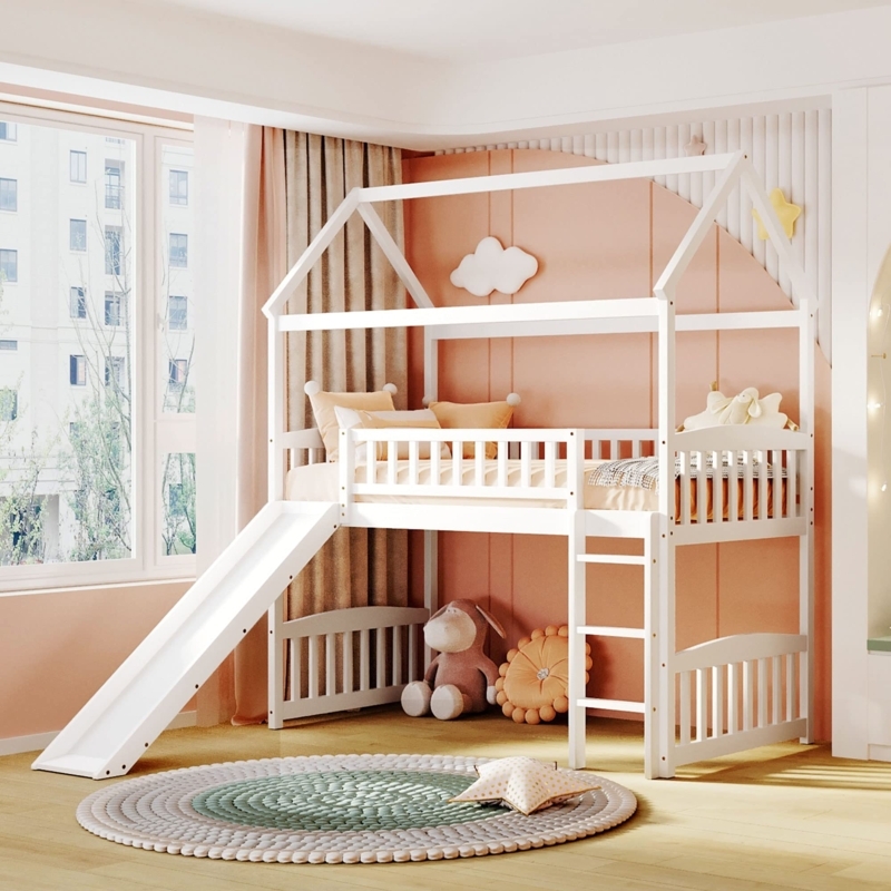 House Loft Bed with Integrated Slide, Scandinavian Minimalist Style