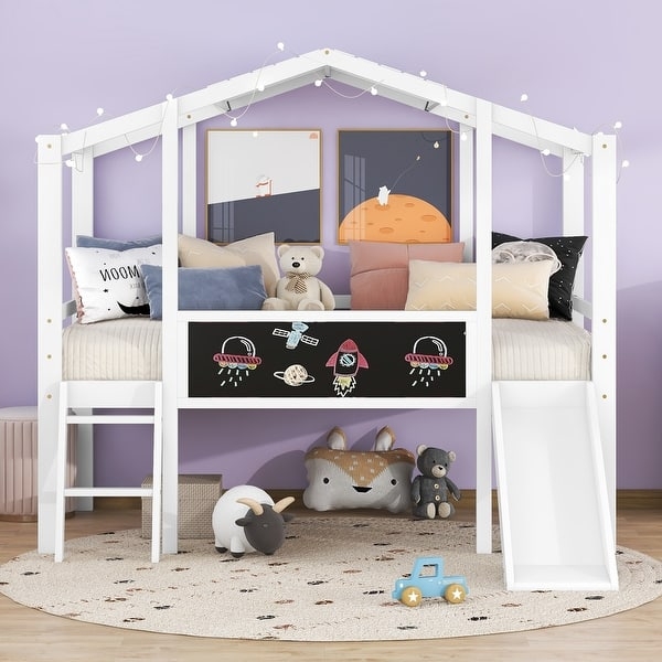 House Loft Bed with Slide and Chalkboard Panel White