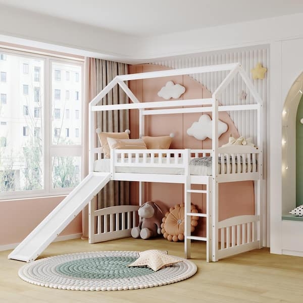 House Loft Bed with Slide and Ladder, Minimalist White Design
