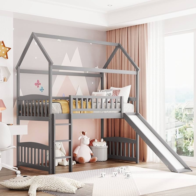 House Loft Bed with Slide, Grey Scandinavian Minimalist Design