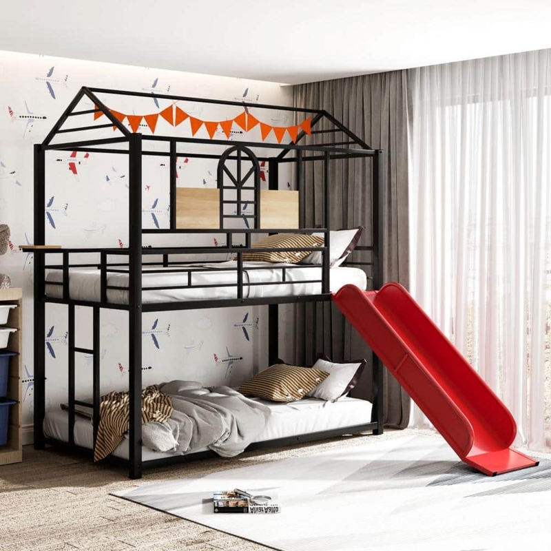 House Shaped Bunk Bed With Slide In Red Metal Finish