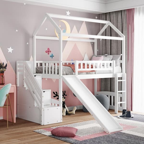 House Shaped Loft Bed White with Integrated Slide and Storage Drawers