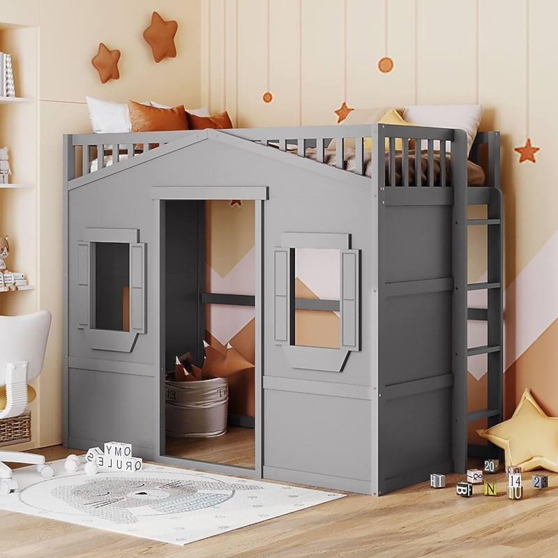 House-Shaped Twin Loft Bed with Gabled Roof and Open Underbed Space