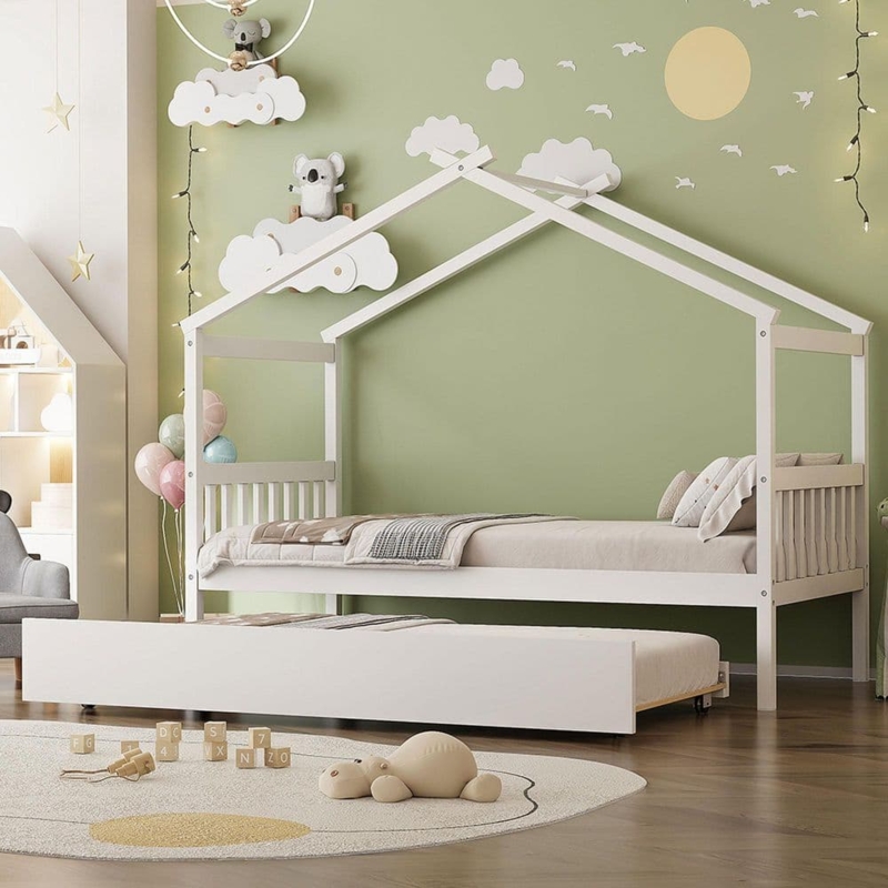 House Silhouette Bed Frame with Pull-Out Trundle Bed for Guests