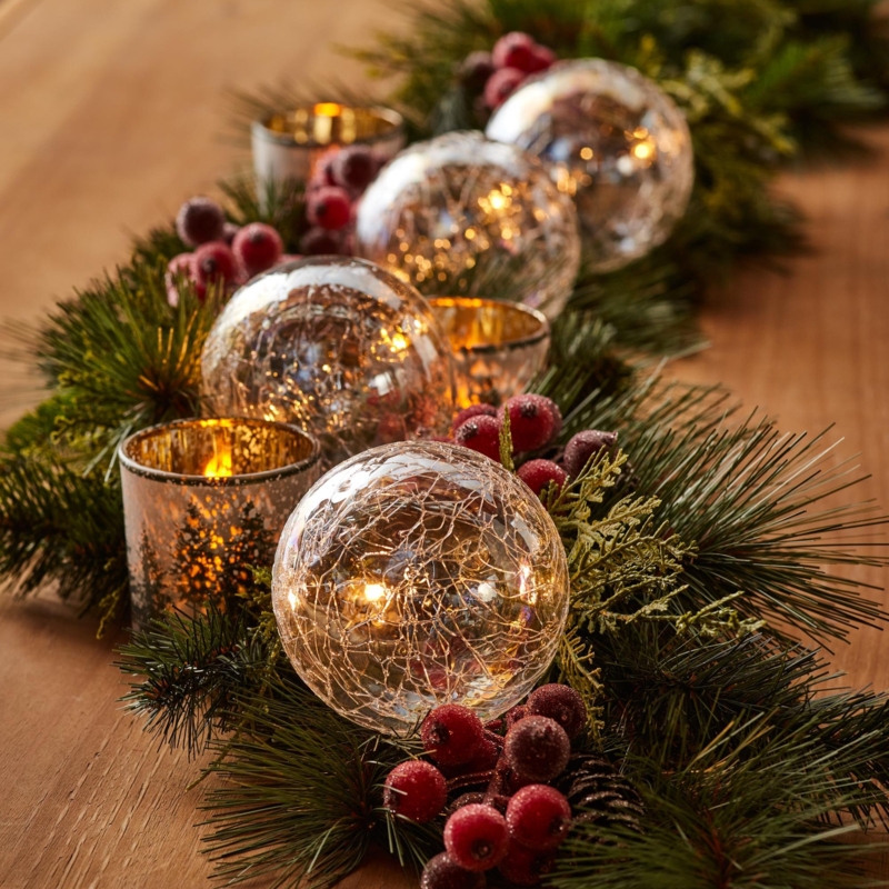 Illuminated Glass Ornaments with Internal Fairy Lights and Antiqued Tray