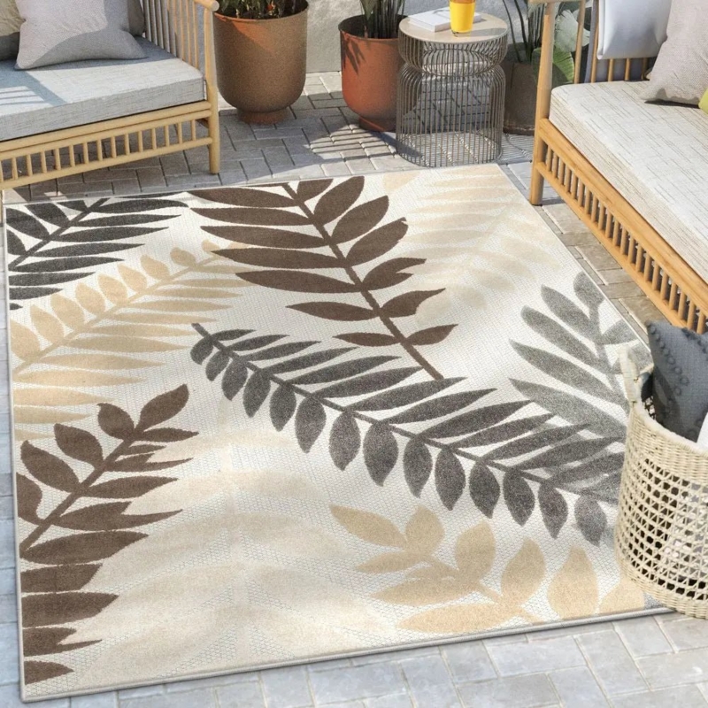 Indoor Outdoor Area Rug Floral High Low Pile Coastal Boho Patio Decor