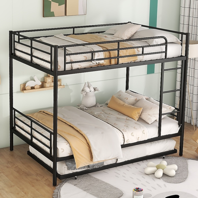 Industrial Black Metal Bunk Bed Full Over Full Trundle