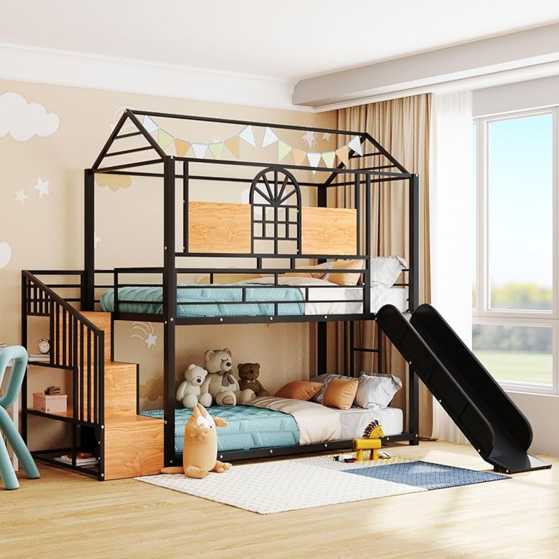 Industrial Black Metal Bunk Bed with Slide & Storage Stairs