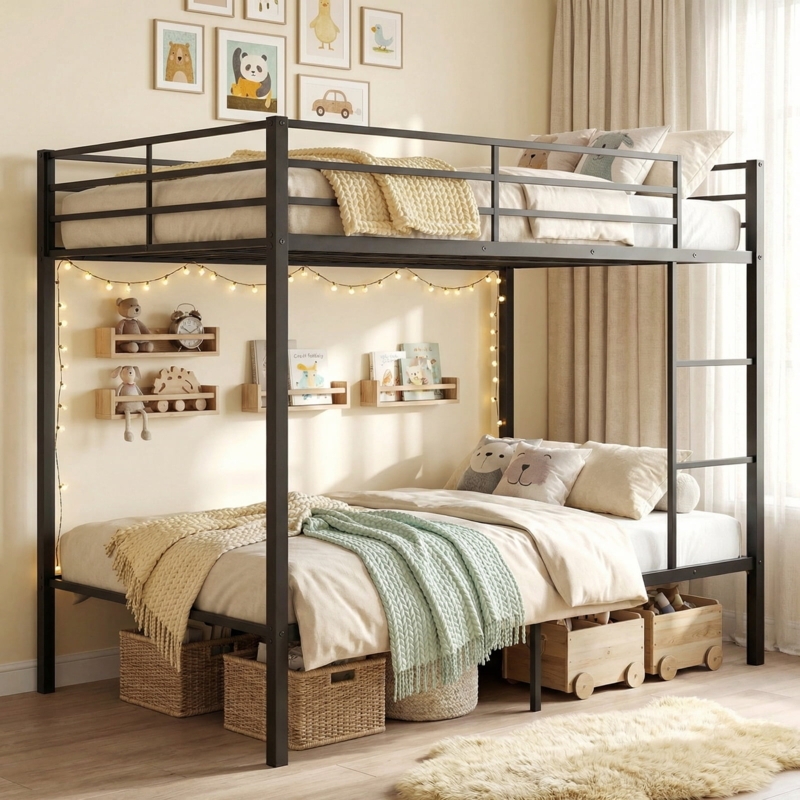 Industrial Black Metal Full Over Full Bunk Bed Frame