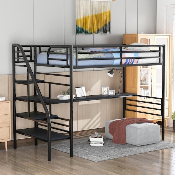 Industrial Black Metal Loft Bed with Desk and Stairs