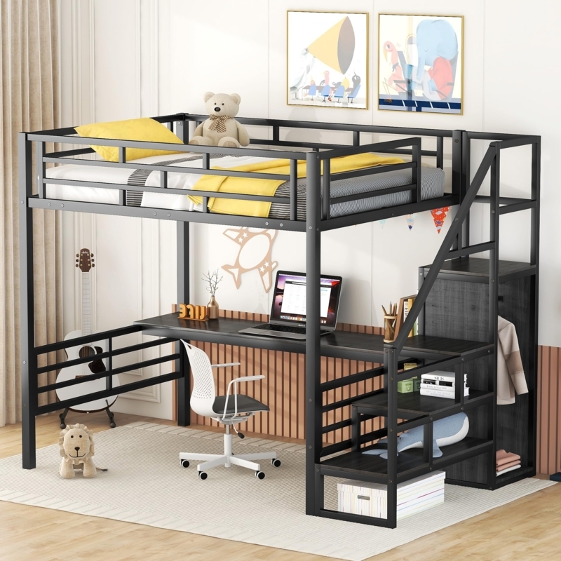 Industrial Black Metal Loft Bed with Full-Width Desk and Storage Stairs