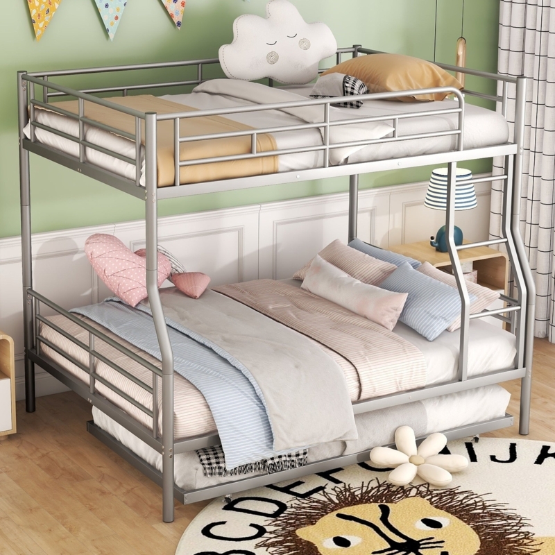 Industrial Bunk Bed Full over Queen Grey Pipe Frame Metal Trundle