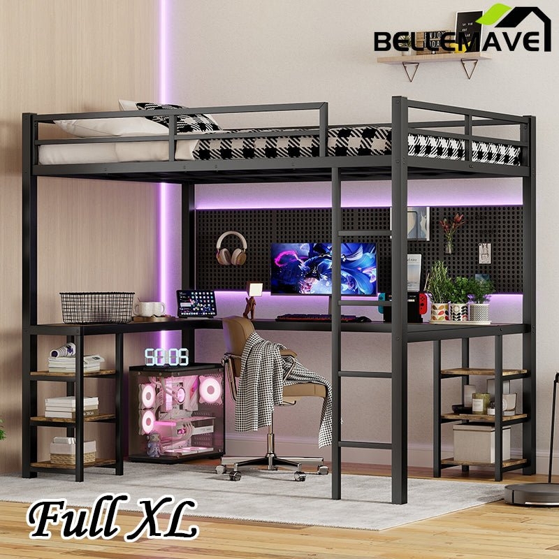 Industrial Loft Bed with Desk and Side Shelving Unit