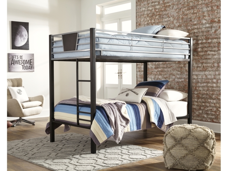 Industrial Metal Bunk Bed Charcoal Gray Finish Integrated Ladder