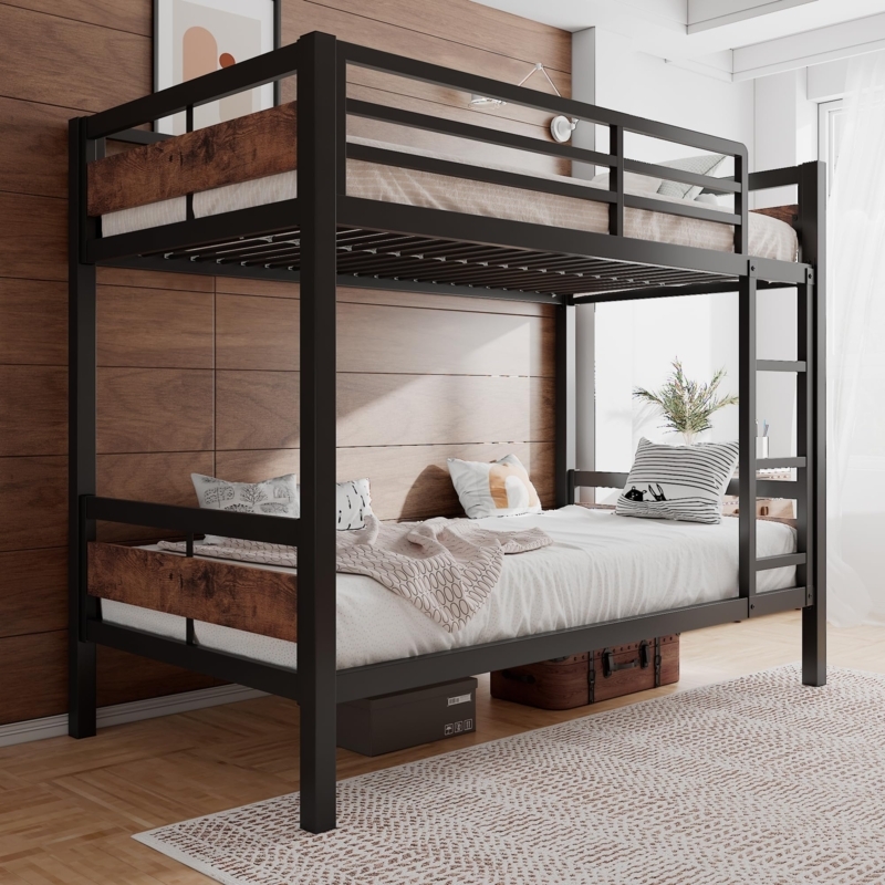 Industrial Metal Bunk Bed Rustic Wood Panel Accents Heavy Duty Frame