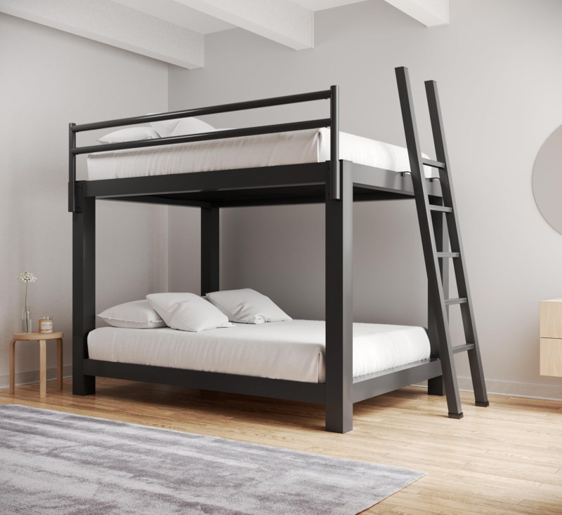 Industrial Metal Queen Bunk Bed with Dual Integrated Ladders