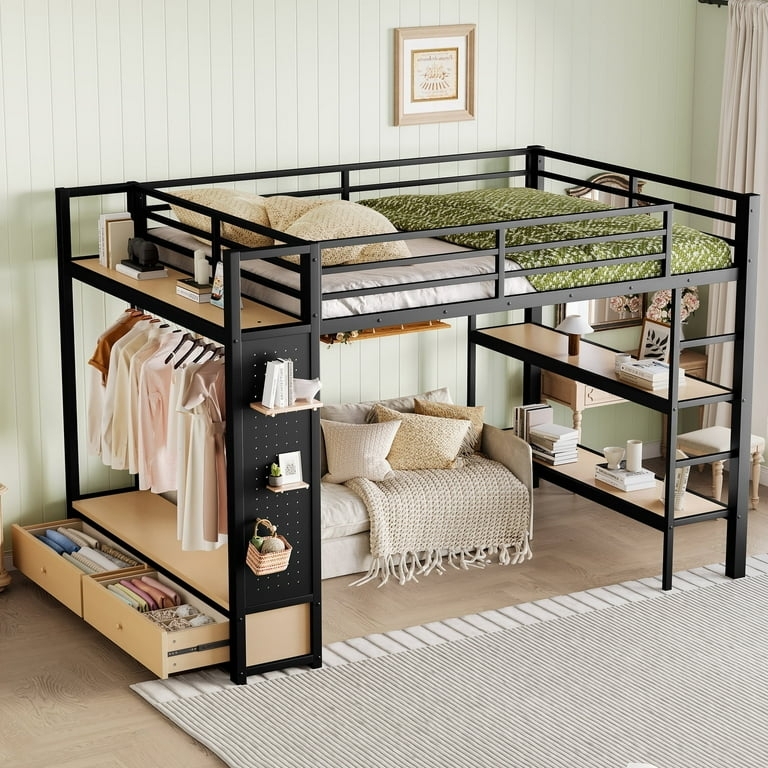 Industrial Modern Loft Bed Queen Black Metal with Wardrobe
