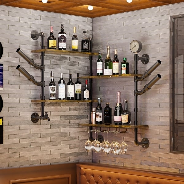 Industrial Pipe Wine Rack Wood Shelves Wall Mounted Stemware Holder
