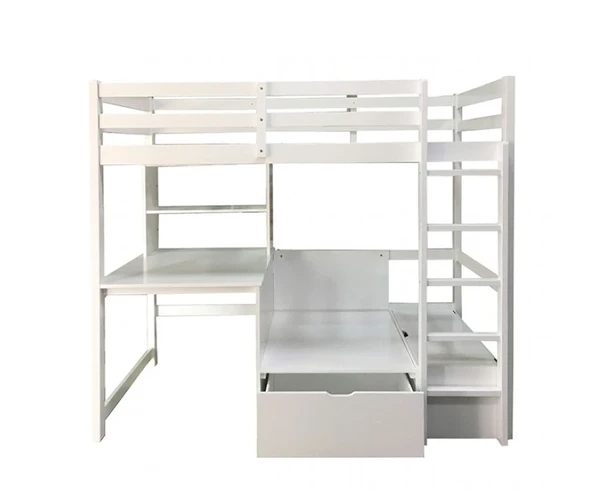 Industrial Twin Loft Bed Black Metal Frame Wood Toned Desktop