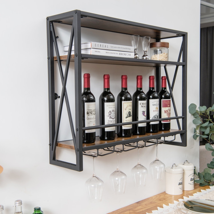 Industrial Wall Mounted Wine Rack Three Tier Pipe Frame Wood Shelves