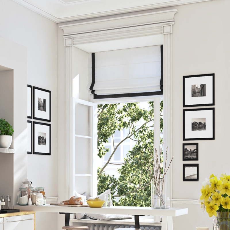 Inside Mount Roman Shade White with Black Border Cordless Linen