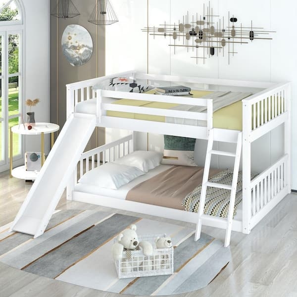 Integrated Slide White Full Over Full Bunk Bed for Playful Rooms