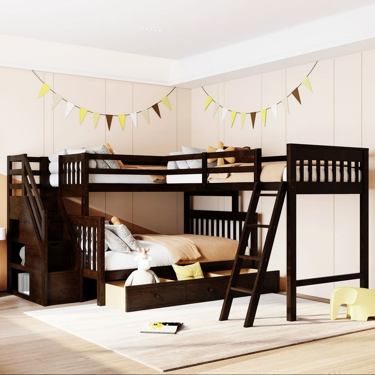 Integrated Staircase Shelving Bunk Bed in Dark Wood
