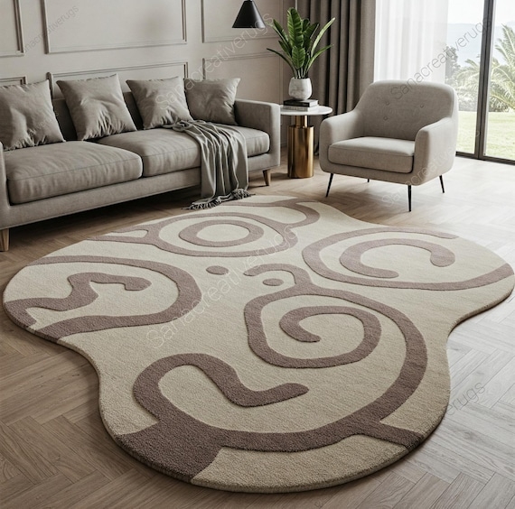 Irregular Area Rug, Abstract Swirl Pattern, Beige and Brown, Modern