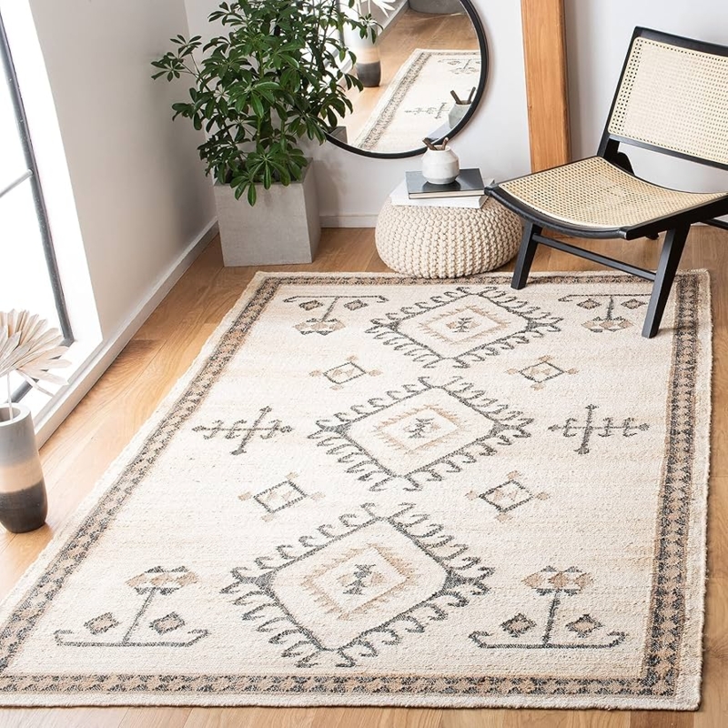Ivory and Black Jute Kilim Area Rug with High-Contrast Diamond Pattern