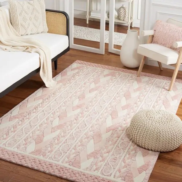 Ivory and Cotton Candy Distressed Geometric Area Rug Tassels
