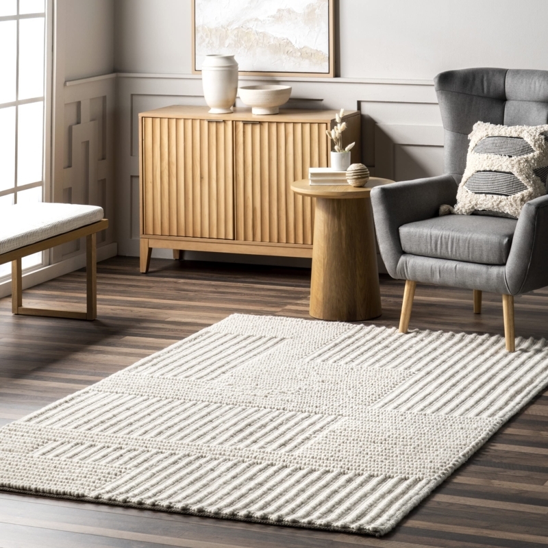 Ivory Area Rug High-Low Stripe Wool Texture Contemporary