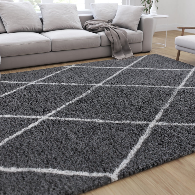 Ivory Shag Rug Charcoal Diamond Trellis Pattern Transitional Style