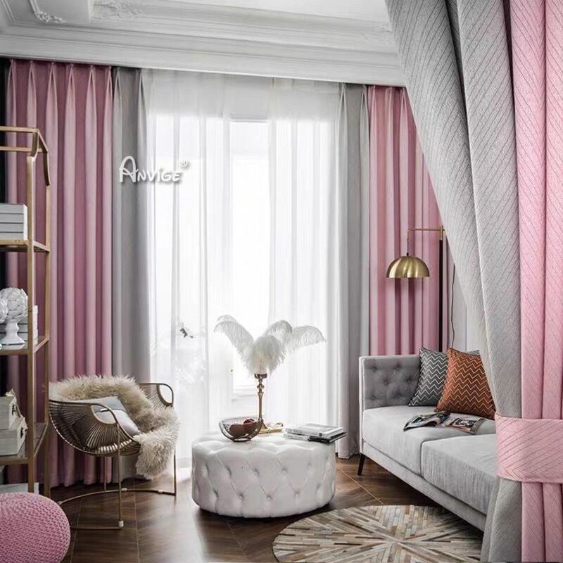 Jacquard Curtains with Pink & Grey Wave Pattern, Contemporary Geometric Window Decor