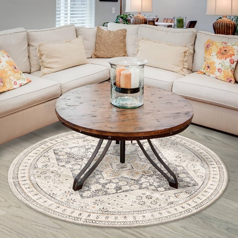 Japandi Round Area Rug, Cream Concentric Circle Texture