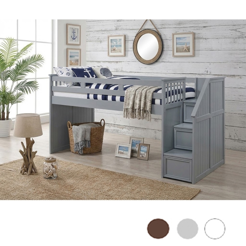 Junior Low Loft Bed with Storage Stairs, Grey Modern Design